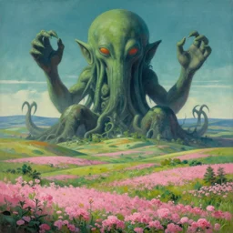a painting of a massive cthulhu in a large field with rolling hills and pink flowers