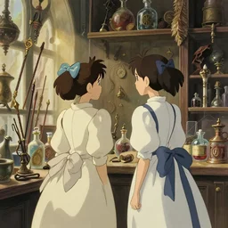 two girls in victorian dress looking around a wizardry shop full of magic artifact such as wands, brooms and potions, inspired by environment in harry potter, light color scheme, natural lighting, intricate details, cozy atmosphere, matte painting, illustration, hogwarts, by hayao miyazaki