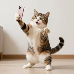 Crazy cat taking selfies while dancing cutely