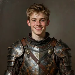 portrait painting of a happy male teen wearing worn old cheap leather armor, sharp focus, award - winning, trending on artstation, masterpiece, highly detailed, intricate. art by rebecca guay