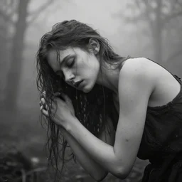 birth is a curse and she hasn't forgot that pain is another way of falling asleep, she is 2 1, skinny and beautiful, she listens to oathbreaker, still from a lars von trier movie, black and white, the background is infected, insanely detailed, foggy like in norwegian black metal aesthetic