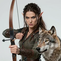 Photorealistic close-up fantasy portrait of one single powerful angry female D&D elf ranger holding a longbow, with a pet wolf.  Magical occult photorealism, UHD, amazing depth, glowing, golden ratio, 3D octane cycle unreal engine 5, volumetric lighting, cinematic lighting, cgstation artstation concept art