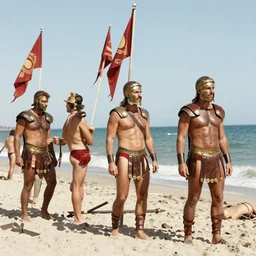 roman gladiators on the beach with swimming costumes historycal photo documentary SPQR flags