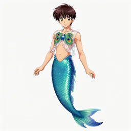 professionally painted full body portrait of a colorful anime celestial merman with a fish body, wearing an elegant peacock shirt top with transparent bubble sleeves, golden gloves, and golden jewelry and gems everywhere, art by yuji ikehata and satoshi kon, background art by miyazaki, proper human proportions, vhs