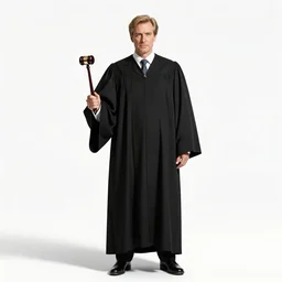 stoic judge in robes with gavel, cinematic studio photo, full body, standing, isolated on a pure white background, centered, whole figure in frame, sharp focus, studio lighting