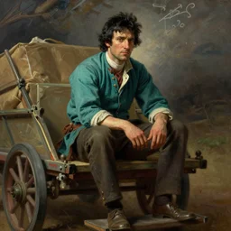a sullen man with black hair and a teal shirt sitting on the back of a cart, by Albert Bierstadt