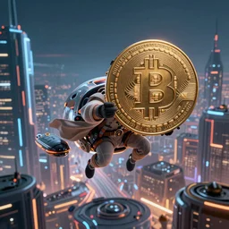Bitcoiner Jedi flying in a spaceship around a futuristic Bitcoin city, cinematic, 4k