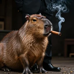 a capybara wearing a suit smoking a cigar, high quality, ultra hd, cinematic, dramatic liighting