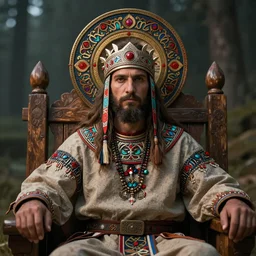 ancient slavic tribal shaman close-up portrait sitting on old wooden throne, halo, intricate artwork by Darius Zawadzki, James jean, Noah Bradley, very coherent artwork, cinematic, hyper realism, high detail, octane render, unreal engine, 8k, Vibrant colors, High contrast, depth of field, aperture f1.2