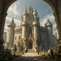 inner ward of a fantasy medieval castle, concept art, key visual, background, very detailed, digital art
