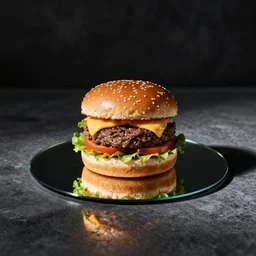 a hamburger on the mirror plate, studio photo.