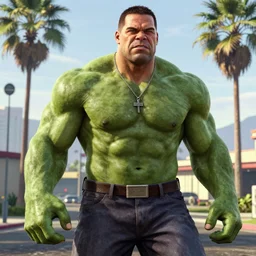 Hulk Hogan in GTA V. Los Santos in the background, palm trees. In the style zig Stephen Bliss