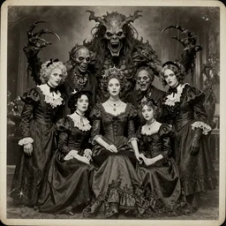 vintage photograph monochrome plate, monstrous mutant victorian family of cenobite people posing with grotesque lovecraftian god monsters, distressed old photo, slight sepia tone, horror, shothoth, madness