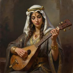 a _ fantasy _ style _ portrait _ painting _ of arabian female charismatic bard playing instrument, rpg dnd oil _ painting _ unreal _ 5 _ daz. _ rpg _ portrait _ extremely _ detailed _ artgerm _ greg _ rutkowski _ greg