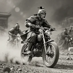 old vintage  photo of  Chinese ancient warriors   on the steam punk one wheels,  extreme sports photography , dynamic photography, high speed,dirt and grawel flying in the spot,  lens flares, dust in the air, moody lighting, intricate, elegant, highly detailed, centered, smooth, sharp focus, Donato Giancola, Joseph Christian Leyendecker, WLOP, Boris Vallejo, Artgerm moody photography, old photo, black and white, sepia, cinematic lighting, cinematic angle,  national geographic