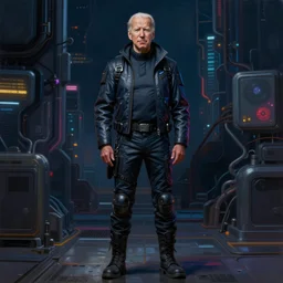 Joe Biden full body portrait, Techwear, Cyberpunk, painting by Ralph Steadman, Francis Bacon, Hunter S Thompson