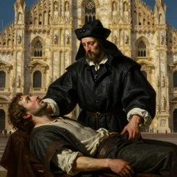 oil matte portrait painting, plague doctor collecting a body of a plague victim outside a baroque cathedral, detailed faces, wonderful masterpiece highly detailed, beautiful cinematic light deep focus, elegant, smooth, sharp focus, golden ratio, dramatic illumination, ultra realistic, 8 k, art by salvator rosa and caravaggio