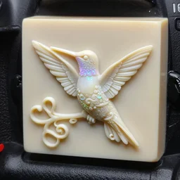 intricate hummingbird delicately carved into block of ivory, bioluminescence, tendrils canon 5 d 5 0 mm lens