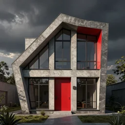 a modern house with a red door and windows, a digital rendering by schelte a bolswert, featured on polycount, de stijl, reimagined by industrial light and magic, angular, symmetrical