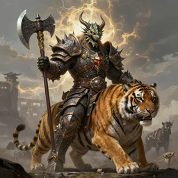 fantasy character portrait, orc king in spiky armor with an aura, wearing a dragon mask, sitting on tiger cavalry, holding an axe, ultra realistic, wide angle, intricate details, highly detailed by peter mohrbacher, hajime sorayama, wayne barlowe, boris vallejo, aaron horkey, gaston bussiere, craig mullins