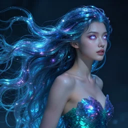 beautiful cinematic fantasy poster, a beautiful glistening mermaid with flowing hair, beautiful glowing galaxy eyes, hybrid from The Elden Ring and art direction by Darius Zawadzki ;by artgerm; wayne reynolds art station; cinematic quality character render; low angle; ultra high quality model; production quality cinema model;