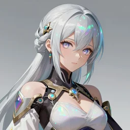 anime portrait of an iridescent opal cyborg kunoichi, intricate ornate details, fantasy, elegant, highly detailed, digital painting, artstation, concept art, smooth, sharp focus, illustration, artbook, splash art, promo art, soul calibur, league of legends, art by artgerm and greg rutkowski and bo chen and jin xiaodi