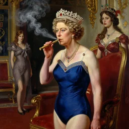 queen elizabeth smoking a blunt in a swimsuit, royal interior, highly detailed painting extremely beautiful and aesthetic and detailed, with familiar sprites, chiaroscuro, intricate, masterpiece, fantasy illustrations by ilya kuvshinov and jeremy lipking and quentin mabille