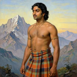 a homoerotic painting by raja ravi varma, louis comfort tiffany, albert bierstadt of a shirtless dark skinned desi mountaineer on a mountain peak | he is wearing a revealing tartan kilt and cowboy hat | he is holding a long wooden pole | background is snowy mountains and clouds | detailed face, art nouveau, vintage travel poster, art deco | trending on artstation