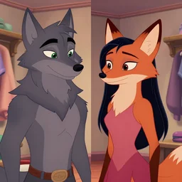 a cg animated split screen image showing an anthro wolfman ( grey furry with short hair and green eyes, detailed anthro wolflike face ) on one side and an anthro fox vixen with long hair on the other side. standing in a dressing room. image shows split screen. style of disney cg animation