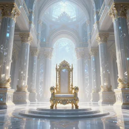 a majestic throne room at the dawn of time, in a symbolic and meaningful style, symmetrical, glass paint, overglaze, ornament, photojournalism, wide angle, perspective, double - exposure, light, massive scale, perfectionism, soft lighting, global illumination, translucid luminescence, crystalline,