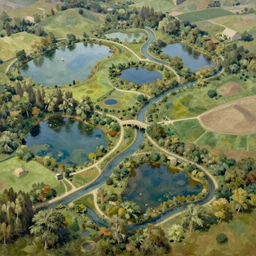overhead birdseye view, network of small ponds and winding streams, extremely detailed oil painting, unreal 5 render, rhads, sargent and leyendecker, savrasov levitan polenov, bruce pennington, studio ghibli, tim hildebrandt, digital art, landscape painting, octane render, beautiful composition, trending on artstation, award winning photograph, masterpiece