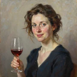 a stunning ultra realistic fine art painting of a female wine expert, peaceful and graceful, by tom bagshaw, studio portrait, vibrant colors, catchlight in the eyes, 4K