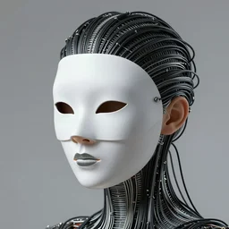 ultra detailed woman wearing a white mask with black wires on her head, featured on behance, net art, made of wire, 5 0 mm lens, elegant, hyper realistic, ultra detailed, octane render, volumetric lighting, 8 k post - production