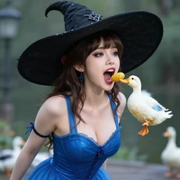 high detail render of a voluptuous goth girl with brunette hair and bangs, a tight blue dress, and a large black gothic sunhat screaming feeding ducks disney frozen elsa style 4 k