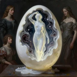 Beautiful full-body wax sculpture of a glowing transparent woman inside egg with melted white wax in the singularity where stars becoming baroque folds of dark matter by Michelangelo da Caravaggio, Nicola Samori, William Blake, Alex Grey and Beksinski, dramatic volumetric lighting, highly detailed oil painting, 8k, masterpiece