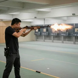 a man shooting a machine gun in a shooting range, guns blazing, muzzle flashes showing