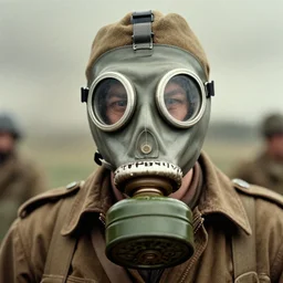 person wearing scary gas mask, ww1 technicolor film photo, grainy, high detail, high resolution
