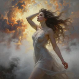 The name of the wind, illustration, chaotic, sexy, desire, mist, Eros, a nuclear explosion background, disintegration,volumetric lighting, soft lighting, soft details, painting oil on canvas by Edmund Blair Leighton and Charlie Bowater octane render, HDR, trending on artstation, 4k, 8k, HD