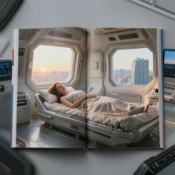 fuji 5 0 r 3 5 mm, architectural studio magazine photography, woman sleeps in sci - fi spaceship interior, soft light, golden hour