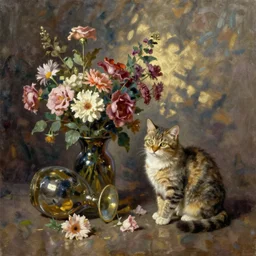 a cat and a ( ( ( ( fallen vase ) ) ) ) of flowers, oil on canvas,