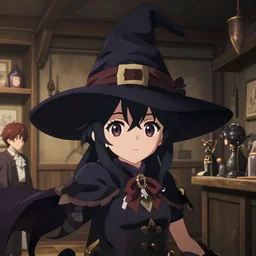 anime visual, portrait of a young female wearing a wizard hat in a alchemist's shop interior, cute face by katsura masakazu and yoh yoshinari,, cinematic luts, genshin impact, dynamic pose, dynamic perspective, strong silhouette, anime cels, ilya kuvshinov, cel shaded, crisp and sharp, rounded eyes, moody