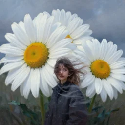 closeup, giant daisy flowers head, a girl between monsteras, surreal photography, wind and cold, dramatic sky, impressionist painting, digital painting, artstation, simon stalenhag