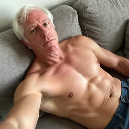 a selfie of a shirtless, muscular, handsome bernie sanders, laying seductively on a couch. photo taken on an iphone 1 2.