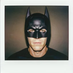 Polaroid Portrait of Andy Warhol wearing a 1960s Batman Mask, taken in the 1970s, photo taken on a 1970s polaroid camera, grainy, real life, hyperrealistic, ultra realistic, realistic, highly detailed, epic, HD quality, 8k resolution, body and headshot, film still, front facing, front view, headshot and bodyshot, detailed face, very detailed face
