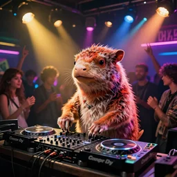 A humanoid platypus performing a DJ set in a nightclub, underground magazine, indie culture, bright lights, crowded