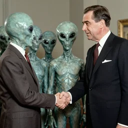 Aliens shaking hands with Nixon, 1920s picture