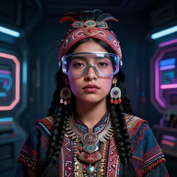 vertical portrait of ancient ecuadorian female with space glasses and cyberpunk style, standing in the dark room, under neon, extremely fine detail background, highly detailed, detailed eyes, high quality, fashion editorial photography, hyperrealistic, from vogue magazine