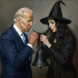 joe biden sniffing the hair of the bell witch. original oil painting by hieronymous bosch and glen fabry