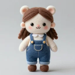 a cute elegant felt plush doll wearing overalls
