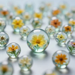 millions of glass marbles filled with flowers, depth of field, studio lighting